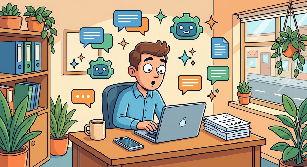 A small business owner overwhelmed by AI options